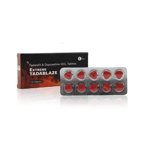 超級犀利士紅鑽Extreme TADABLAZE雙效藥盒與紅色錠劑展示圖