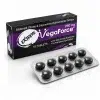 VegaForce 250mg 商品主圖，黑紫色藥盒與黑色圓形藥錠鋁箔板白底倒影展示